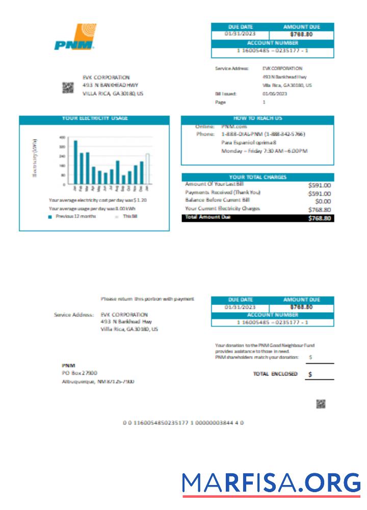 Blank New Mexico PNM easy fillable utility business bill, SCR sample